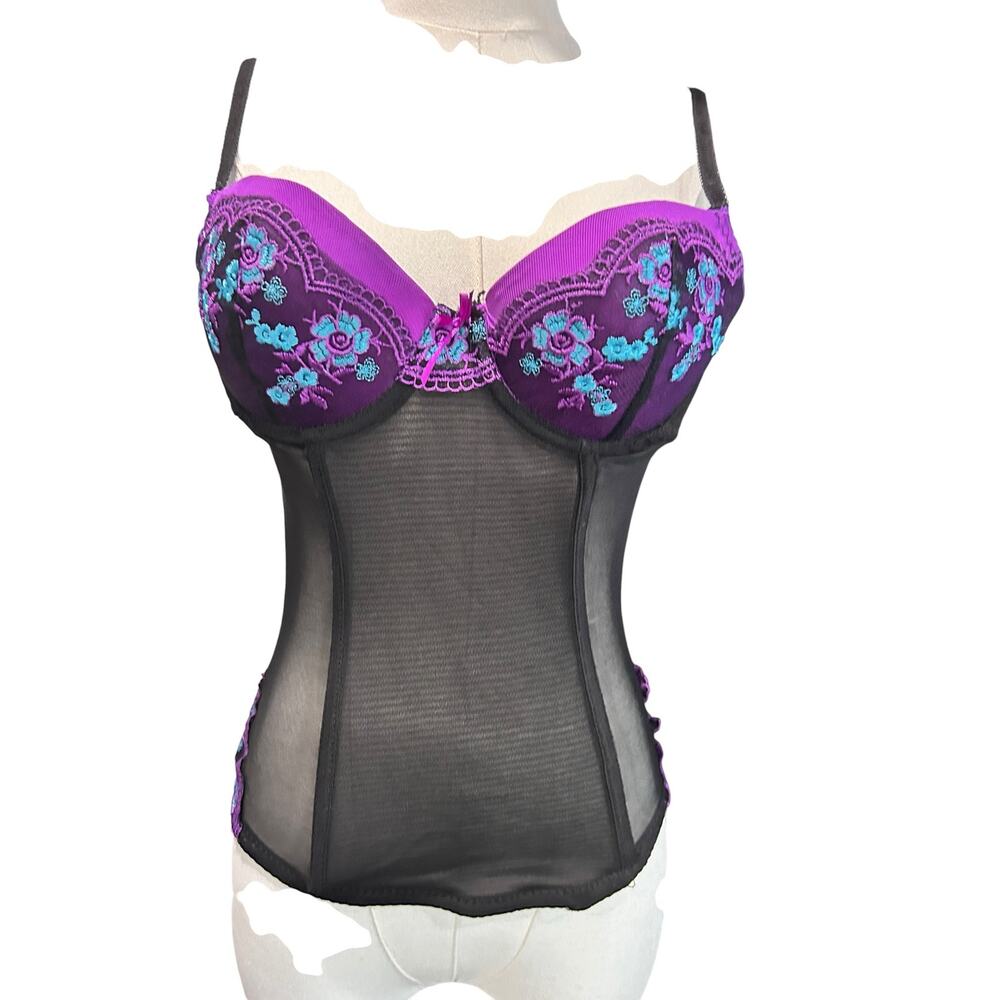 Per Lei Bralette Cami Whimsy Goth Fairy Black Purple Embroidered SZ Med Wired